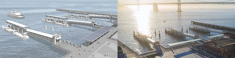 A rendering and photo of the completed Downtown San Francisco Ferry Terminal